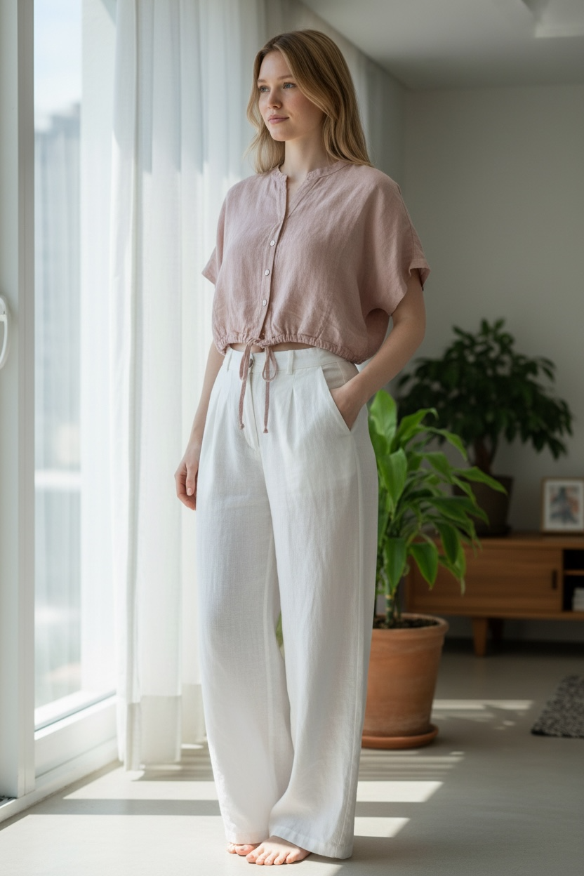 Italian Design keep you cool and comfortable  linen pink top and  white pants  set