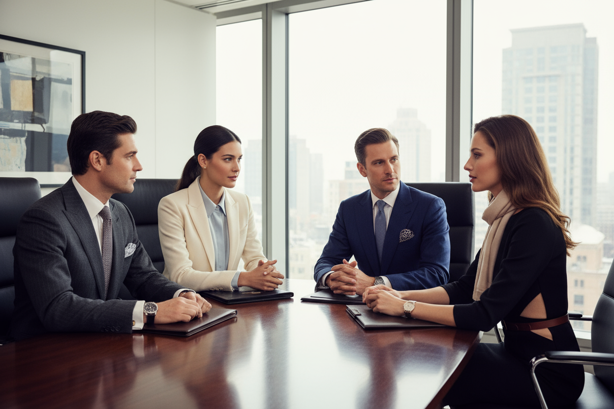 a lifestyle image with people dressed in luxurious business apparel during a business meeting, the key point are the clothes 