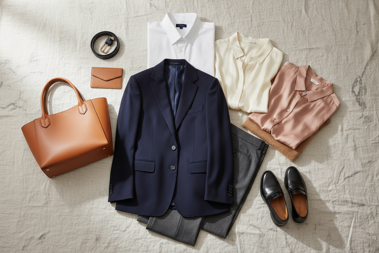 create an image of a business luxury capsule wardrobe, perfect for travveling, please do not add any text to it, make it editorial like