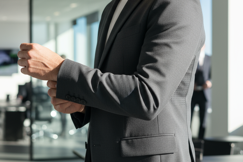 creation of a piece of clothing that is business like, do not show faces, make it like it was took as a candid , something that states Every piece serves a function — combining refined tailoring with technical innovation to ensure comfort, performance, and presence in any setting.