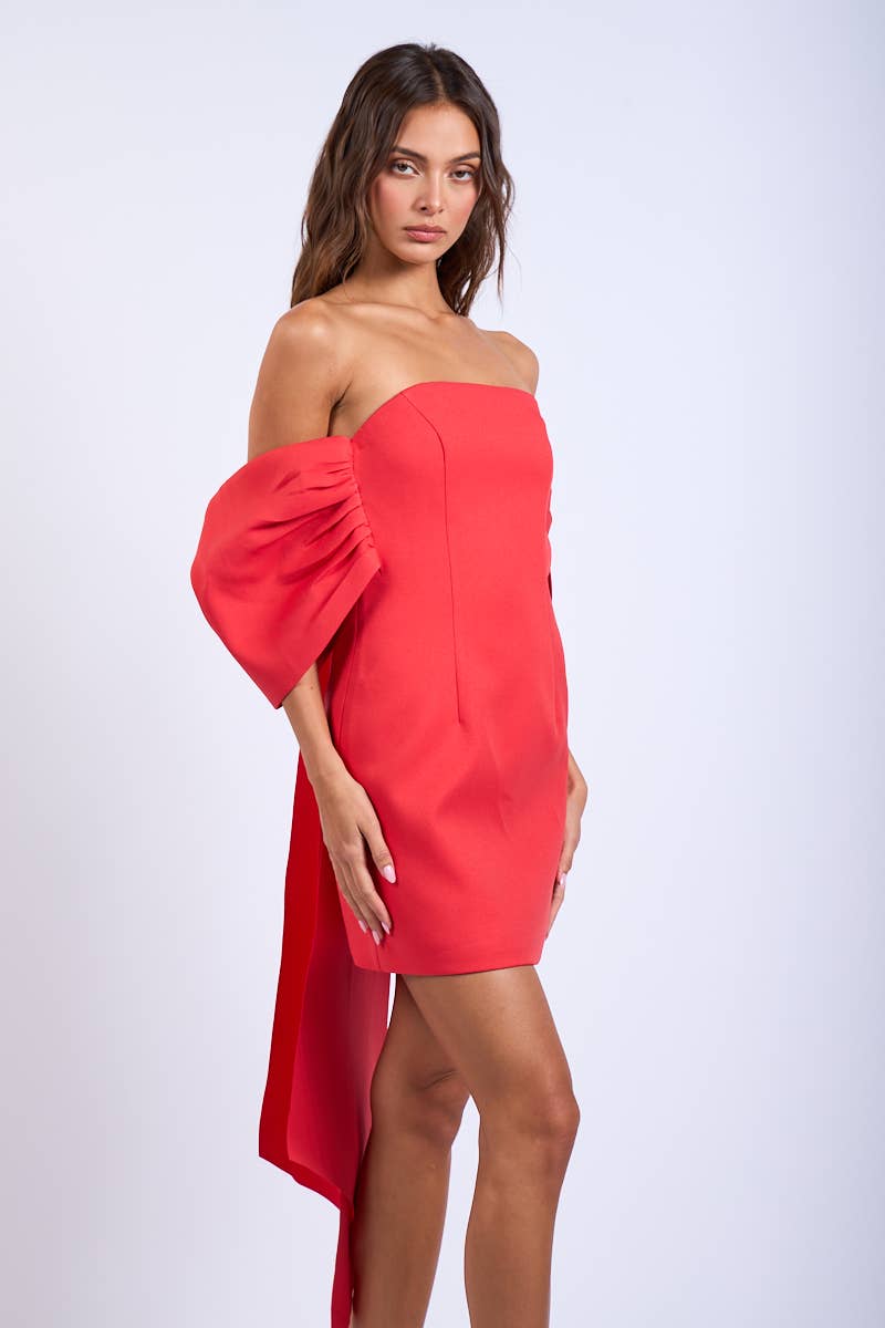 OFF-SHOULDER BACK CHARMING RIBBON POINT MINI DRESS