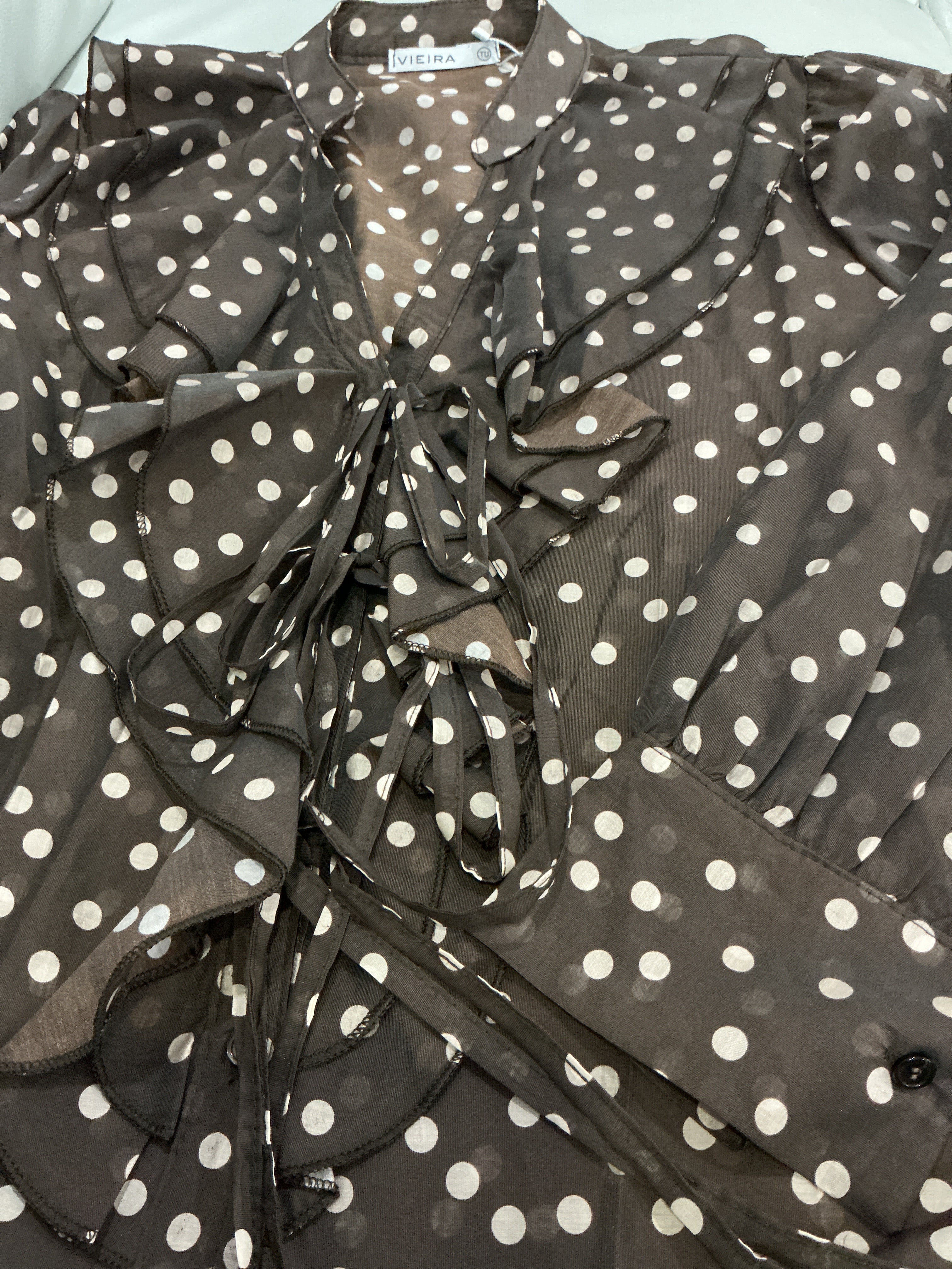 Luxury Italian collection long sleeve  polka dot ruffle flattering fit soft  blouse