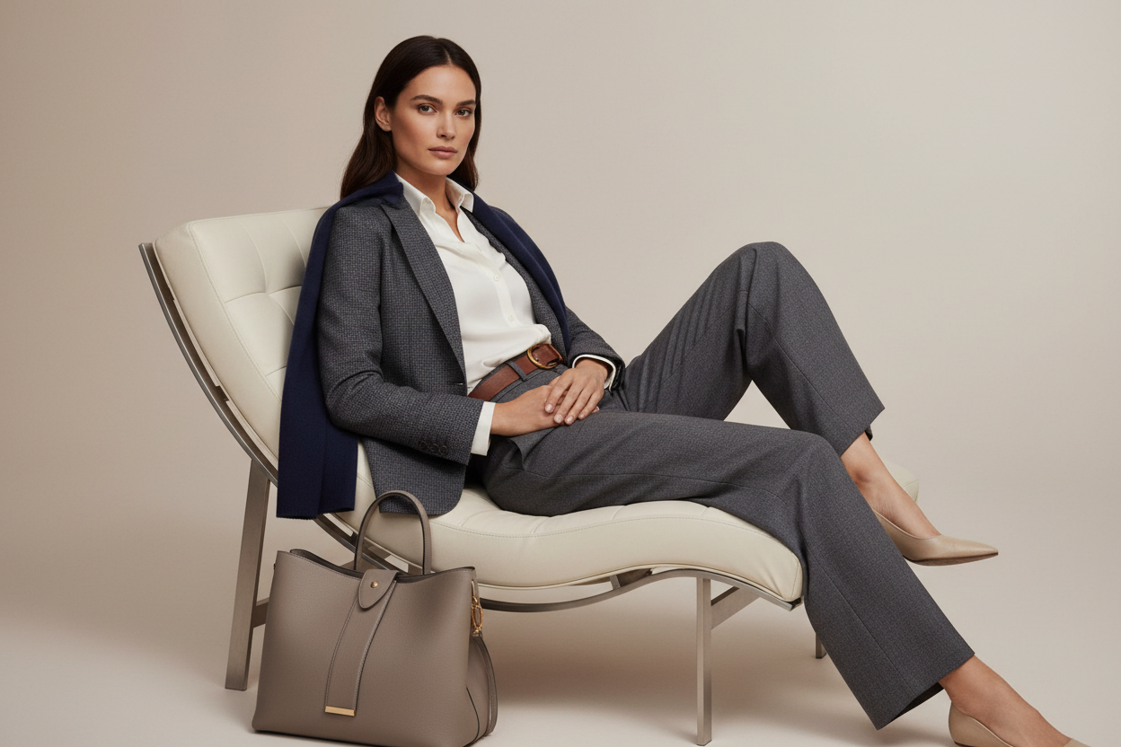 model wearing travel business clothing, in a editorial position, sitting down, 