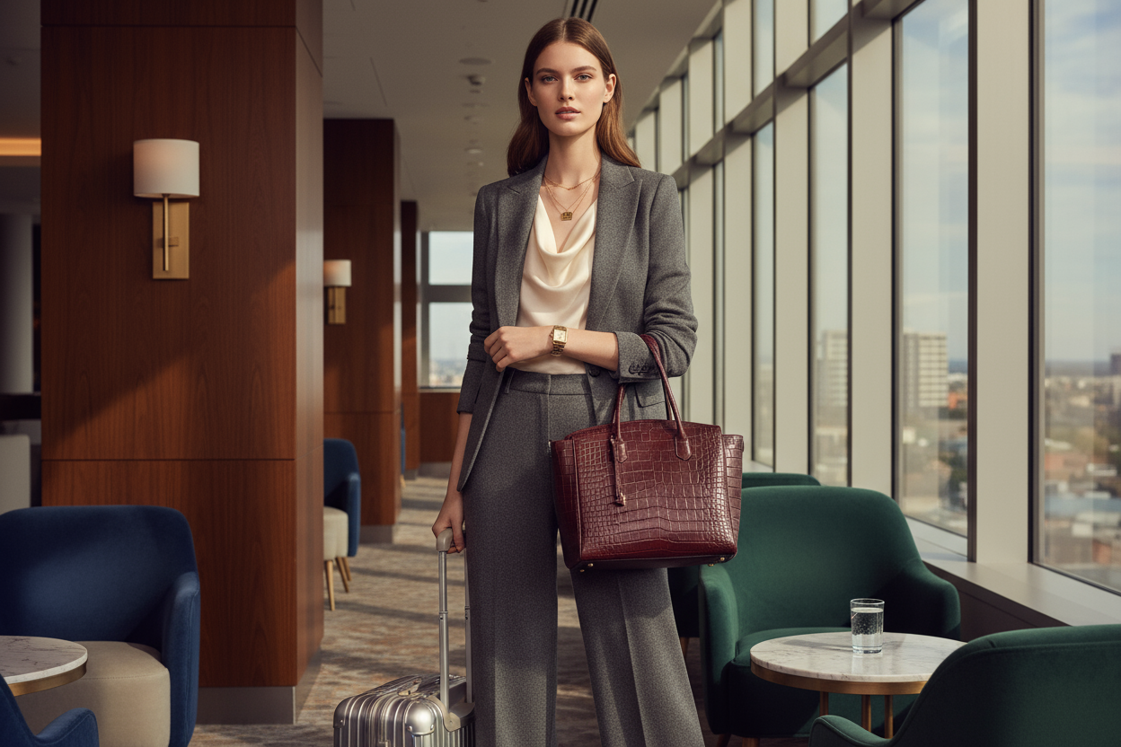 model wearing travel business luxurious clothing is a lifestyle environment, the model looks at the camera 