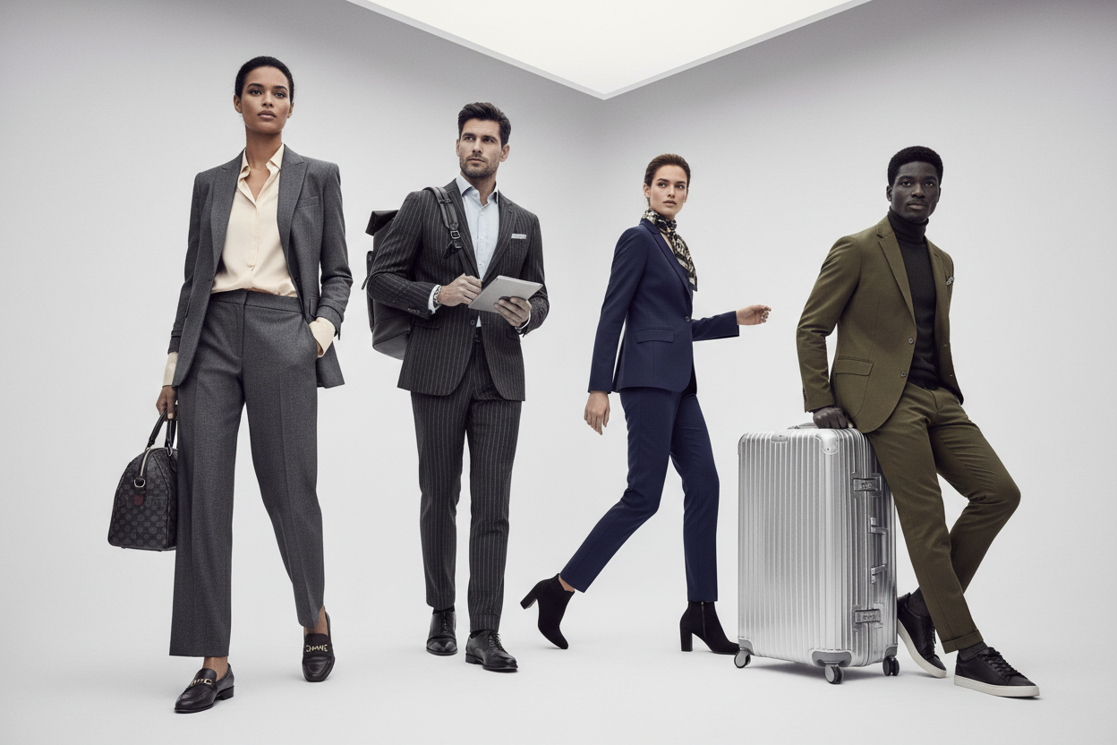 models wearing travel business attire in an editorial setting and poses