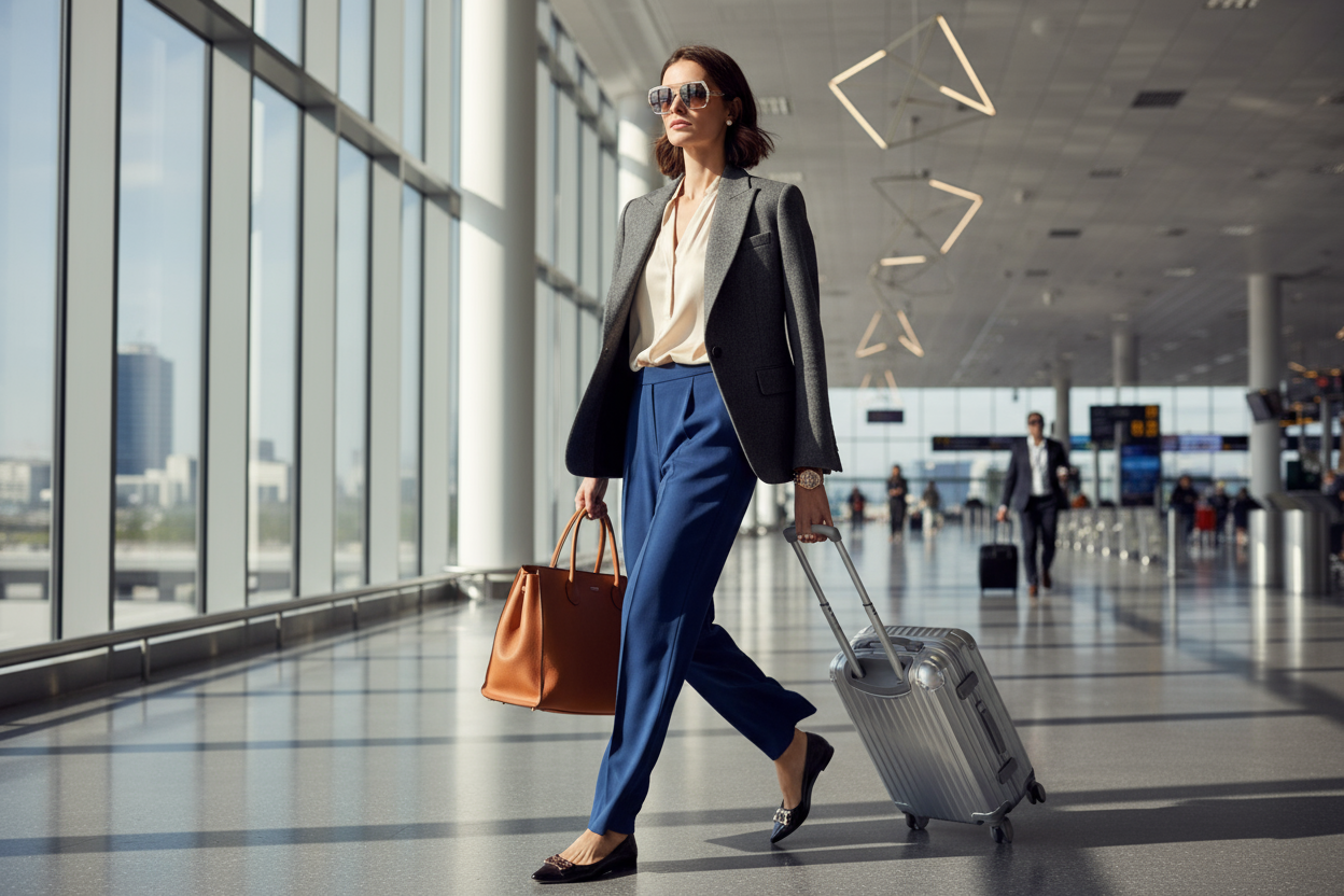 place her in a natural setting, city or airport 