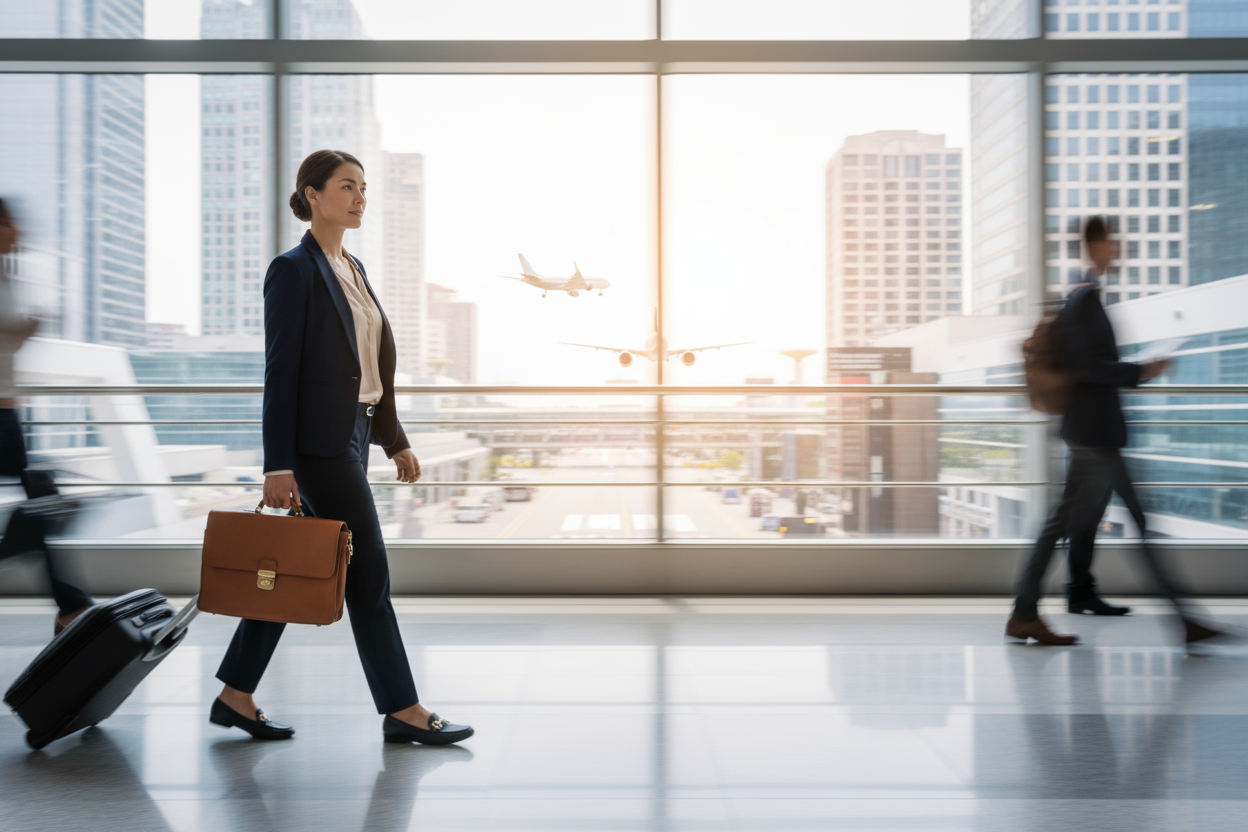 woman dressed in business casual prepare for meeting, make sure the quality is high, shes on the go for a travel for business, make the person on a side 